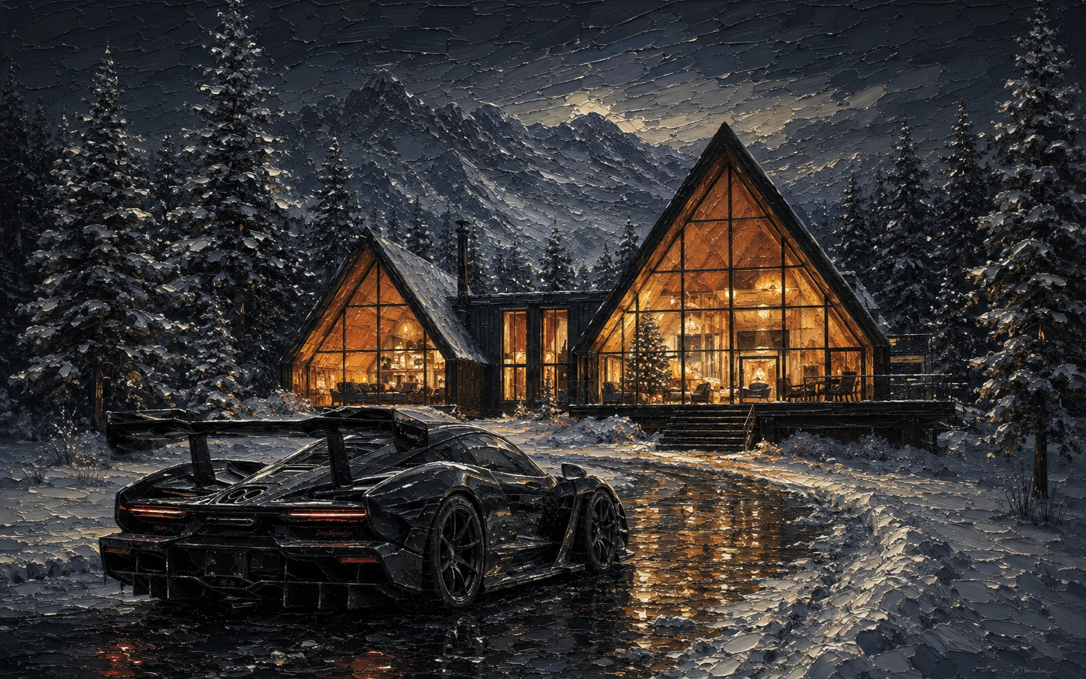 Impasto artwork of a dark performance car arriving at a warmly lit alpine cabin in deep snow