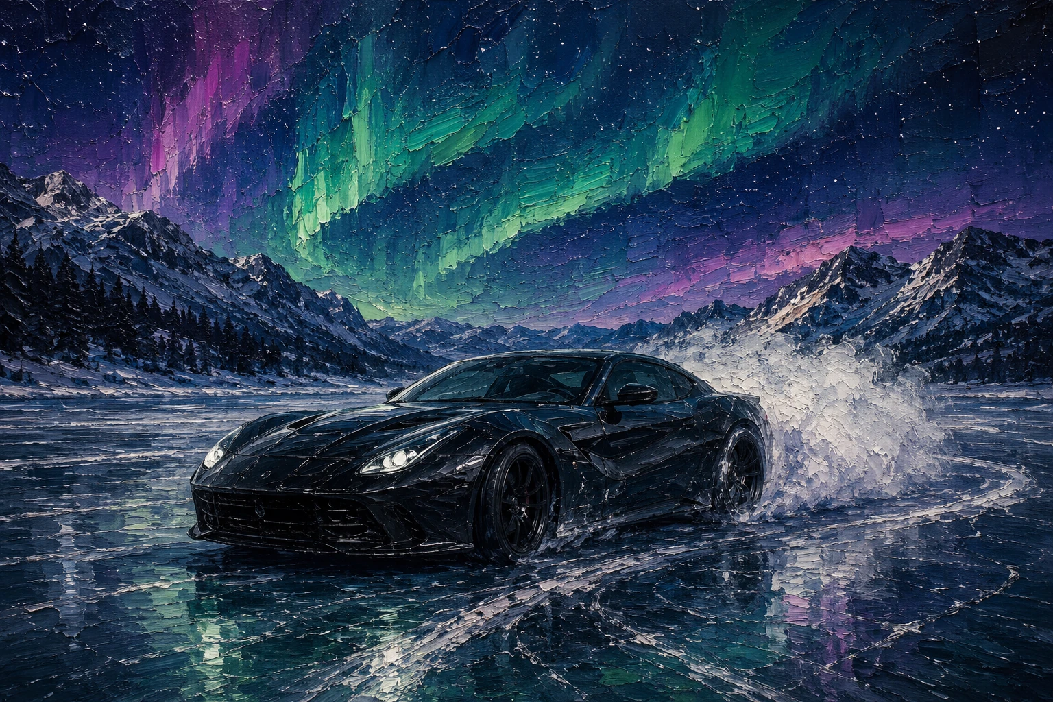 Impasto artwork of a dark grand touring car drifting across a frozen alpine lake beneath the northern lights