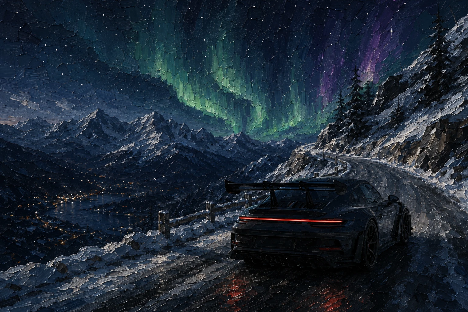 Impasto artwork of a dark performance car on a snowy mountain pass beneath the northern lights